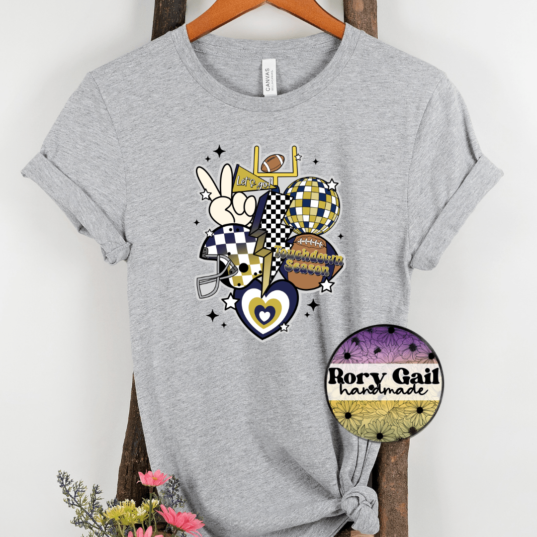 Rory Gail Handmade T-Shirt Navy and Gold Retro Touchdown Season Adult Tee