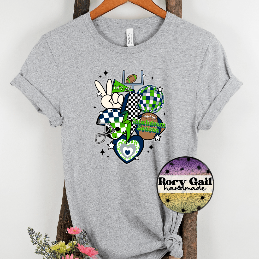 Rory Gail Handmade T-Shirt Navy and Green Retro Touchdown Season Adult Tee