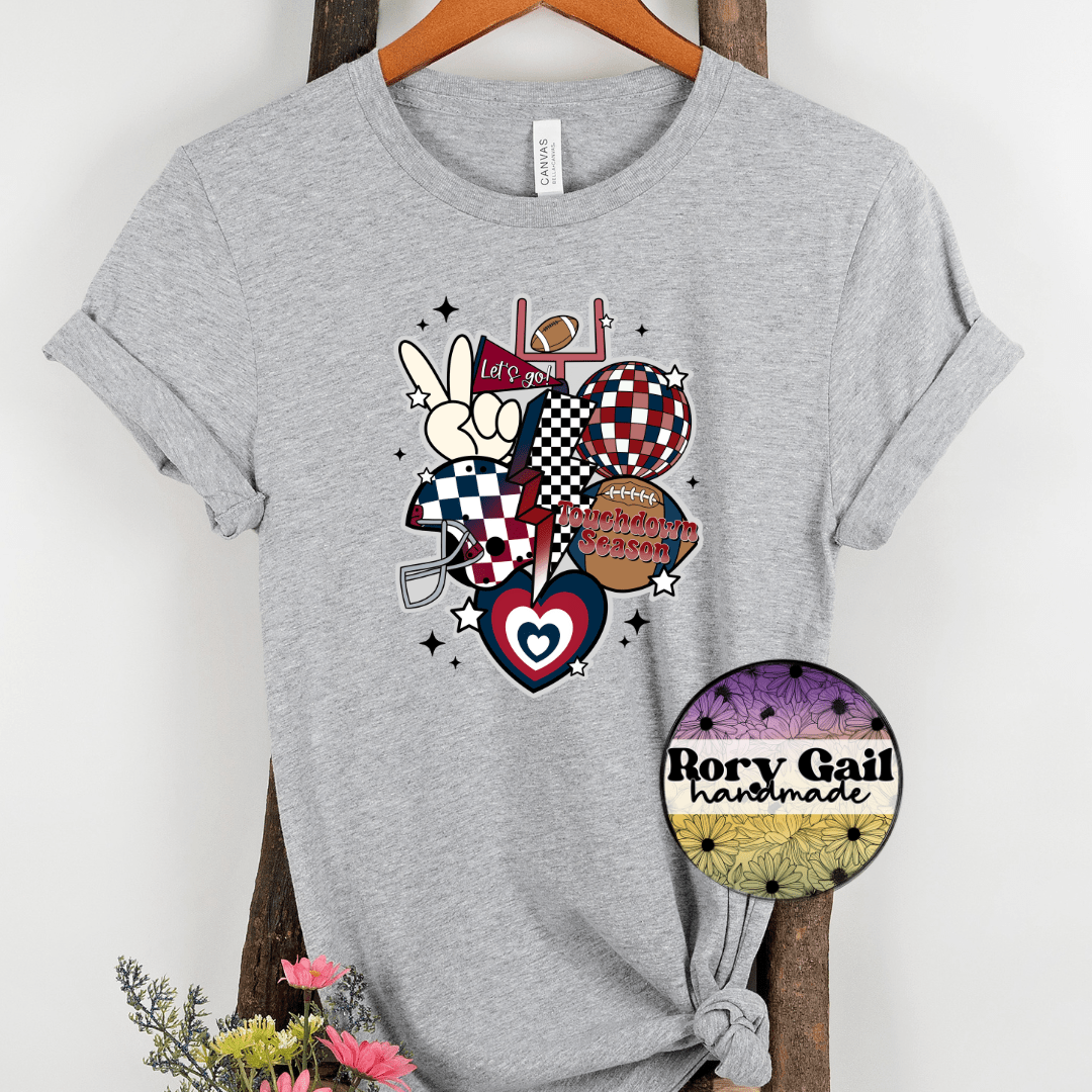 Rory Gail Handmade T-Shirt Navy and Maroon Retro Touchdown Season Adult Tee