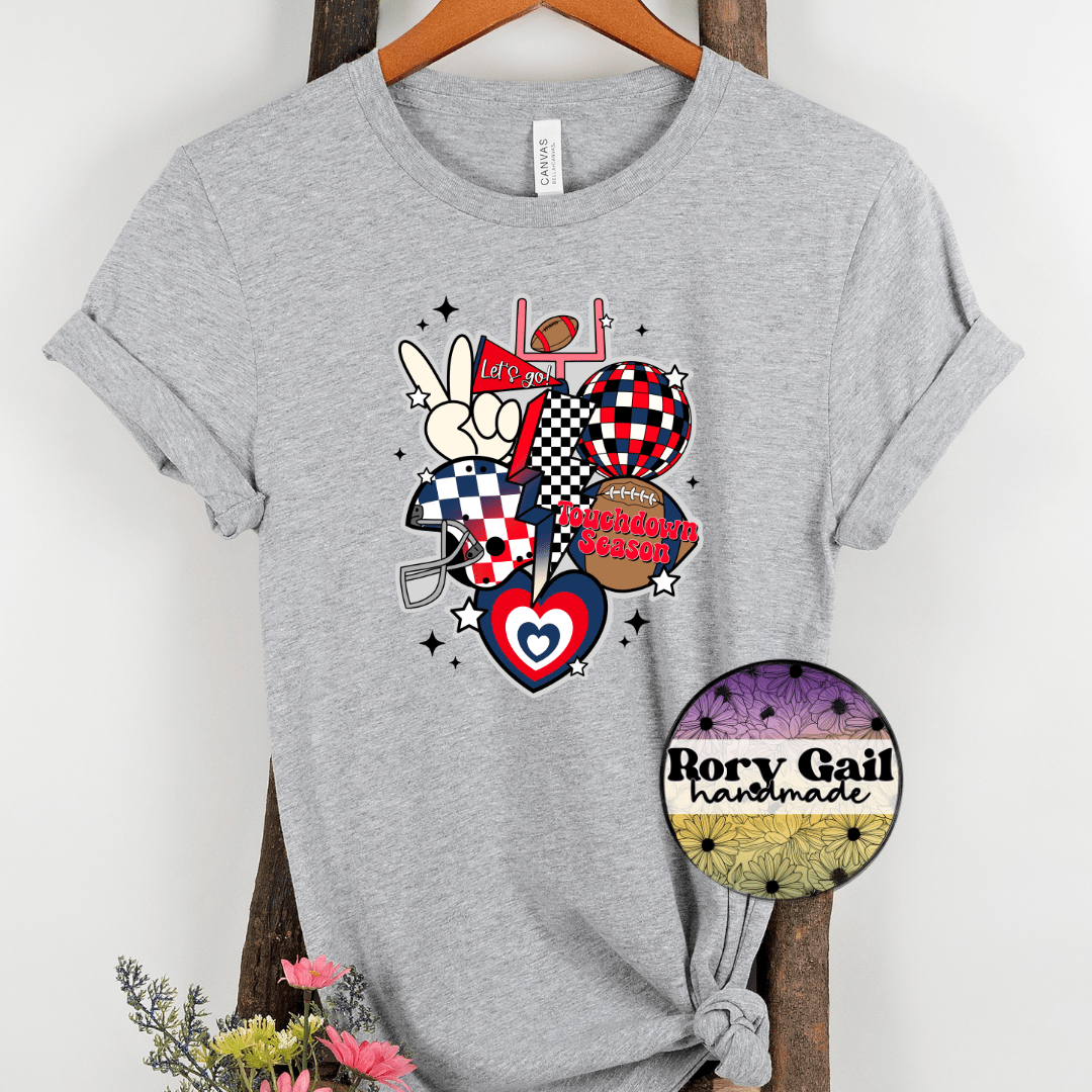 Rory Gail Handmade T-Shirt Navy and Red Retro Touchdown Season Adult Tee
