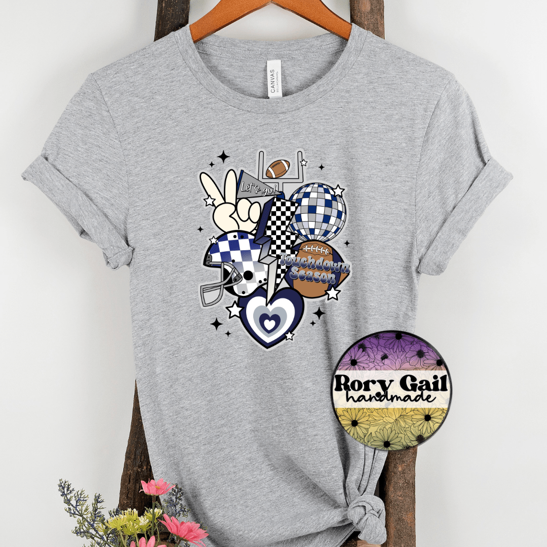 Rory Gail Handmade T-Shirt Navy and Silver Retro Touchdown Season Adult Tee