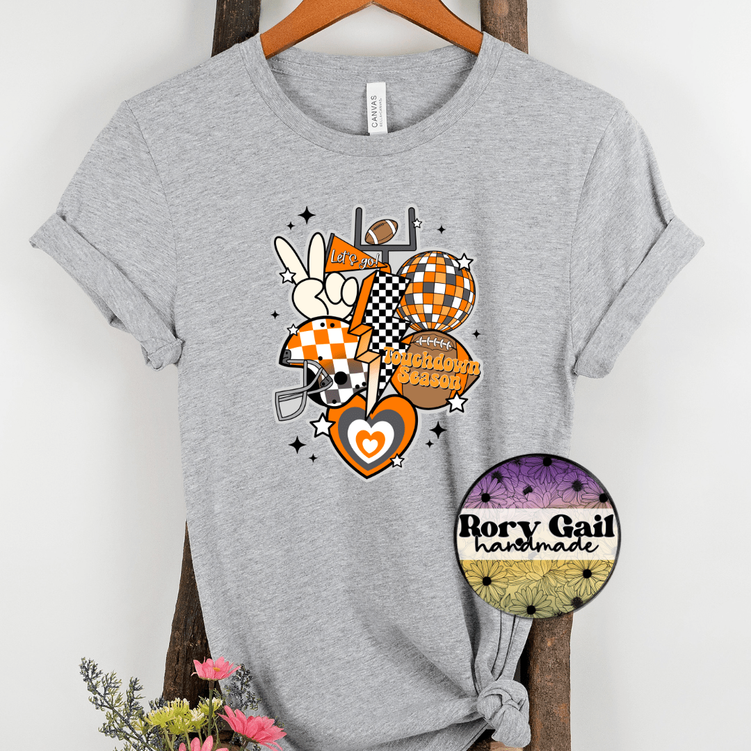 Rory Gail Handmade T-Shirt Orange and Grey Retro Touchdown Season Adult Tee