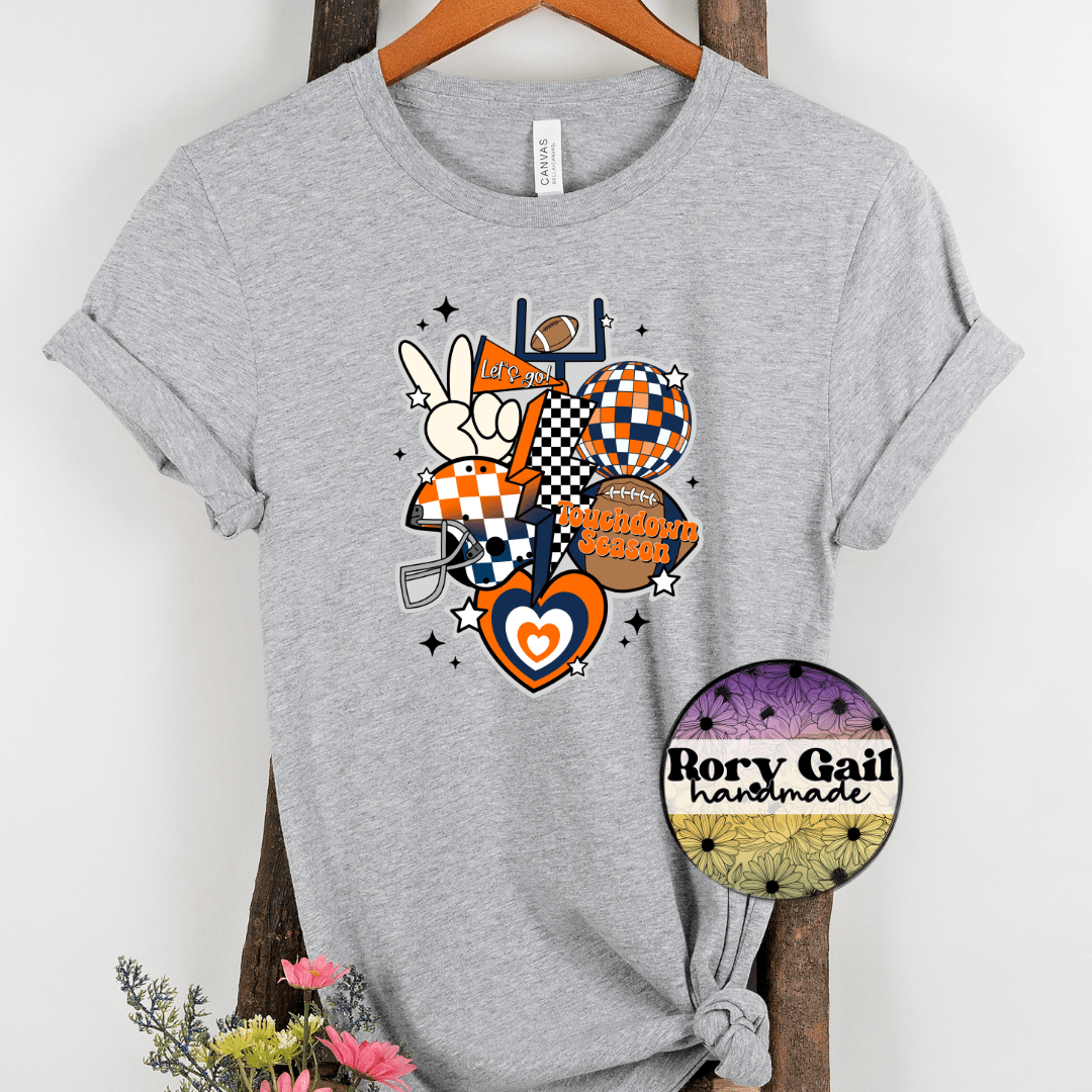 Rory Gail Handmade T-Shirt Orange and Navy Retro Touchdown Season Adult Tee