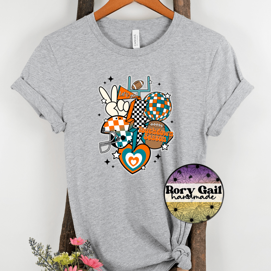 Rory Gail Handmade T-Shirt Orange and Teal Retro Touchdown Season Adult Tee
