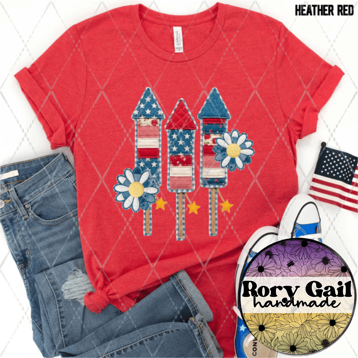 CSDS T-Shirt Patriotic Firework Rockets with Daisies Tee