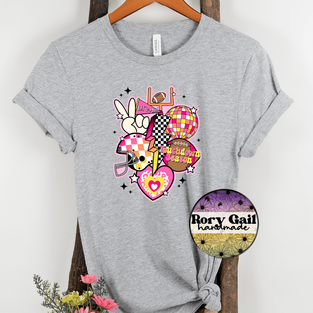 Rory Gail Handmade T-Shirt Pink and Yellow Retro Touchdown Season Adult Tee