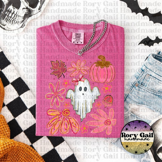 OCo T-Shirt Pink Fall Ghost Floral Halloween Tee – Kids