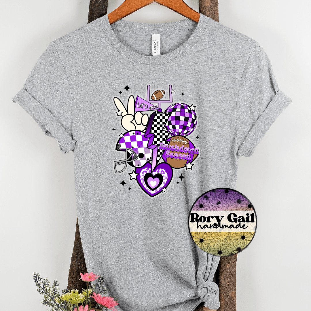Rory Gail Handmade T-Shirt Purple and Black Retro Touchdown Season Adult Tee