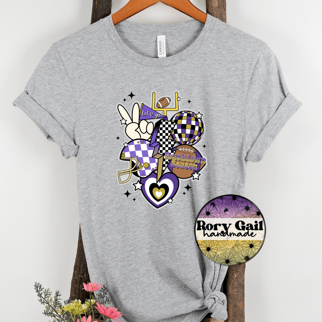 Rory Gail Handmade T-Shirt Purple/Black/Gold Retro Touchdown Season Adult Tee