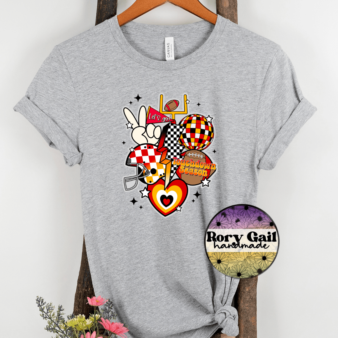 Rory Gail Handmade T-Shirt Red/Yellow/Black Retro Touchdown Season Adult Tee
