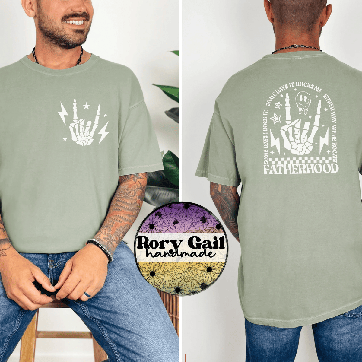 Neon Flamingo T-Shirt Rockin It Fatherhood Front Pocket Back Tee