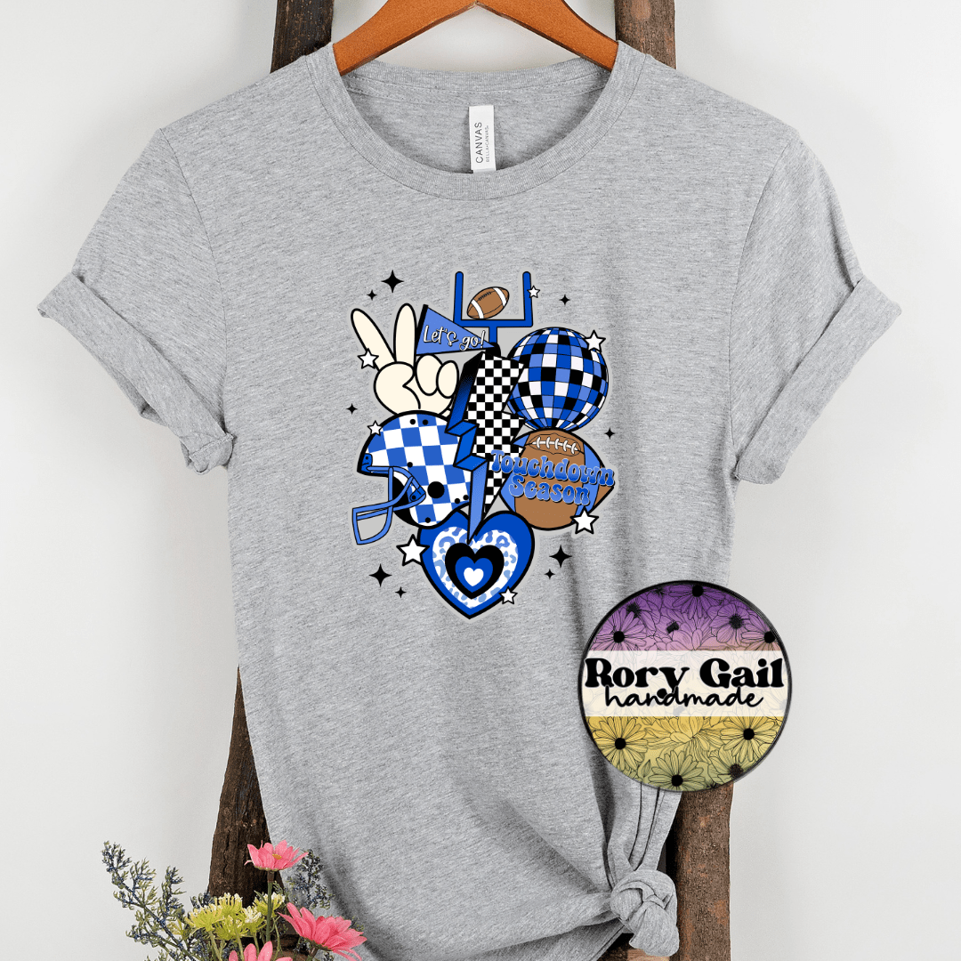 Rory Gail Handmade T-Shirt Royal Blue and Black Retro Touchdown Season Adult Tee