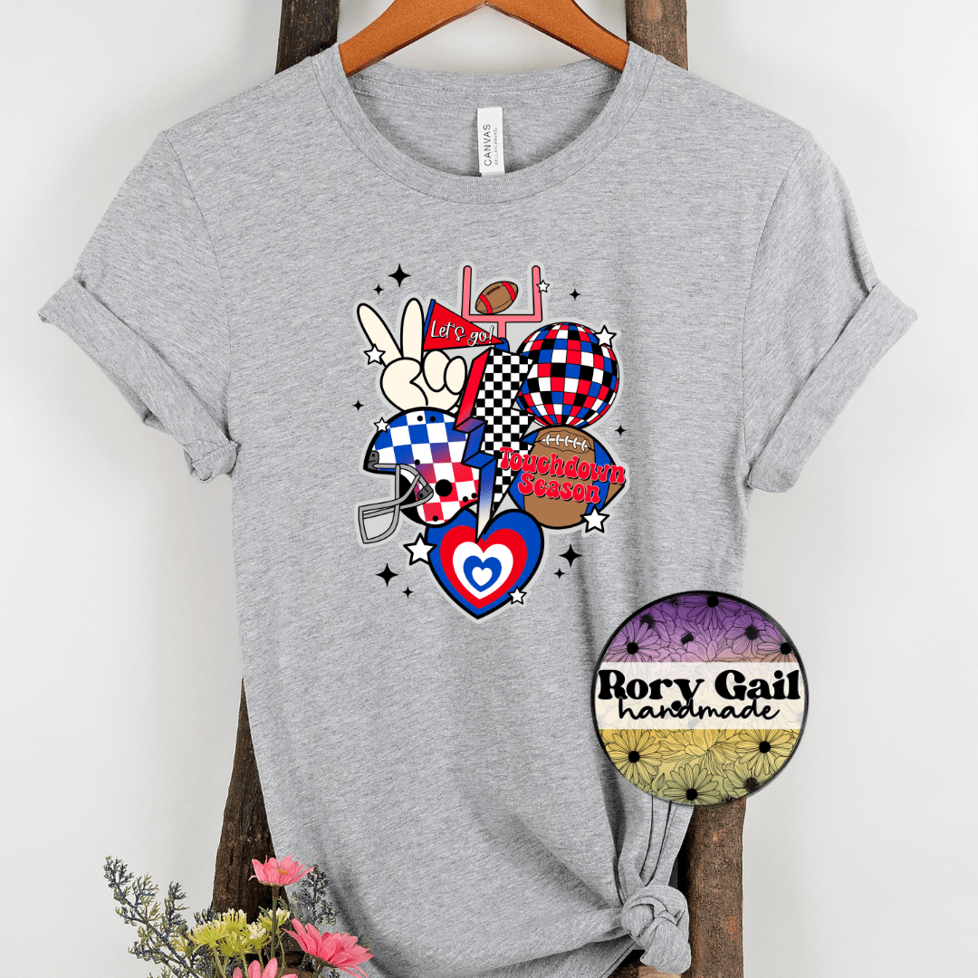 Rory Gail Handmade T-Shirt Royal Blue and Red Retro Touchdown Season Adult Tee