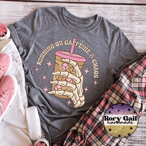 Rory Gail Handmade T-Shirt Running On Caffeine & Chaos Adult Tee
