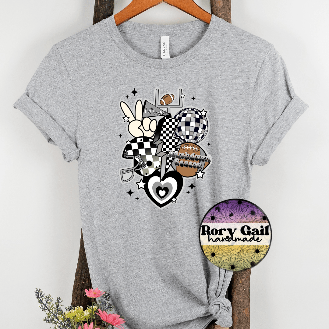 Rory Gail Handmade T-Shirt Silver and Black Retro Touchdown Season Adult Tee