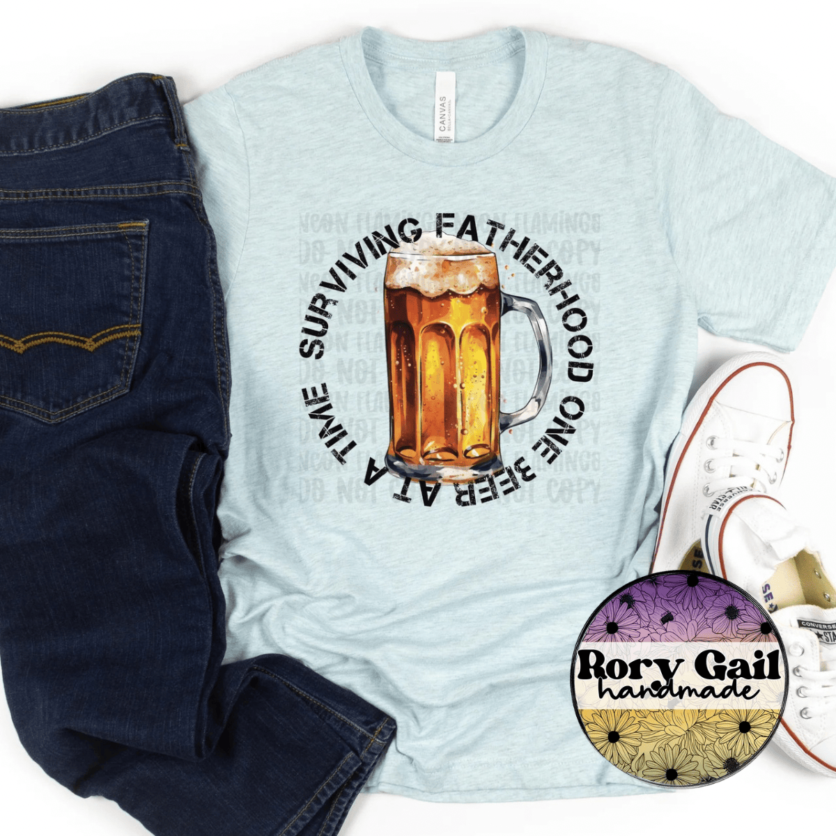 Neon Flamingo T-Shirt Surviving Fatherhood One Beer At A Time Adult Tee
