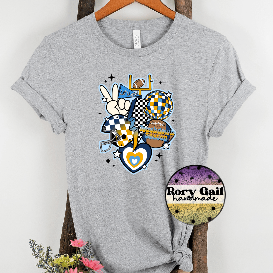 Rory Gail Handmade T-Shirt Teal and Yellow Retro Touchdown Season Adult Tee