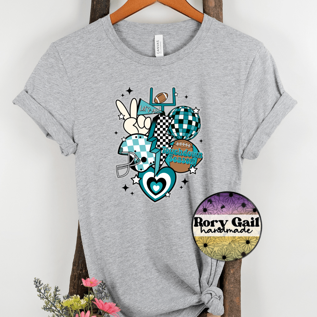 Rory Gail Handmade T-Shirt Teal/White/Black Retro Touchdown Season Adult Tee
