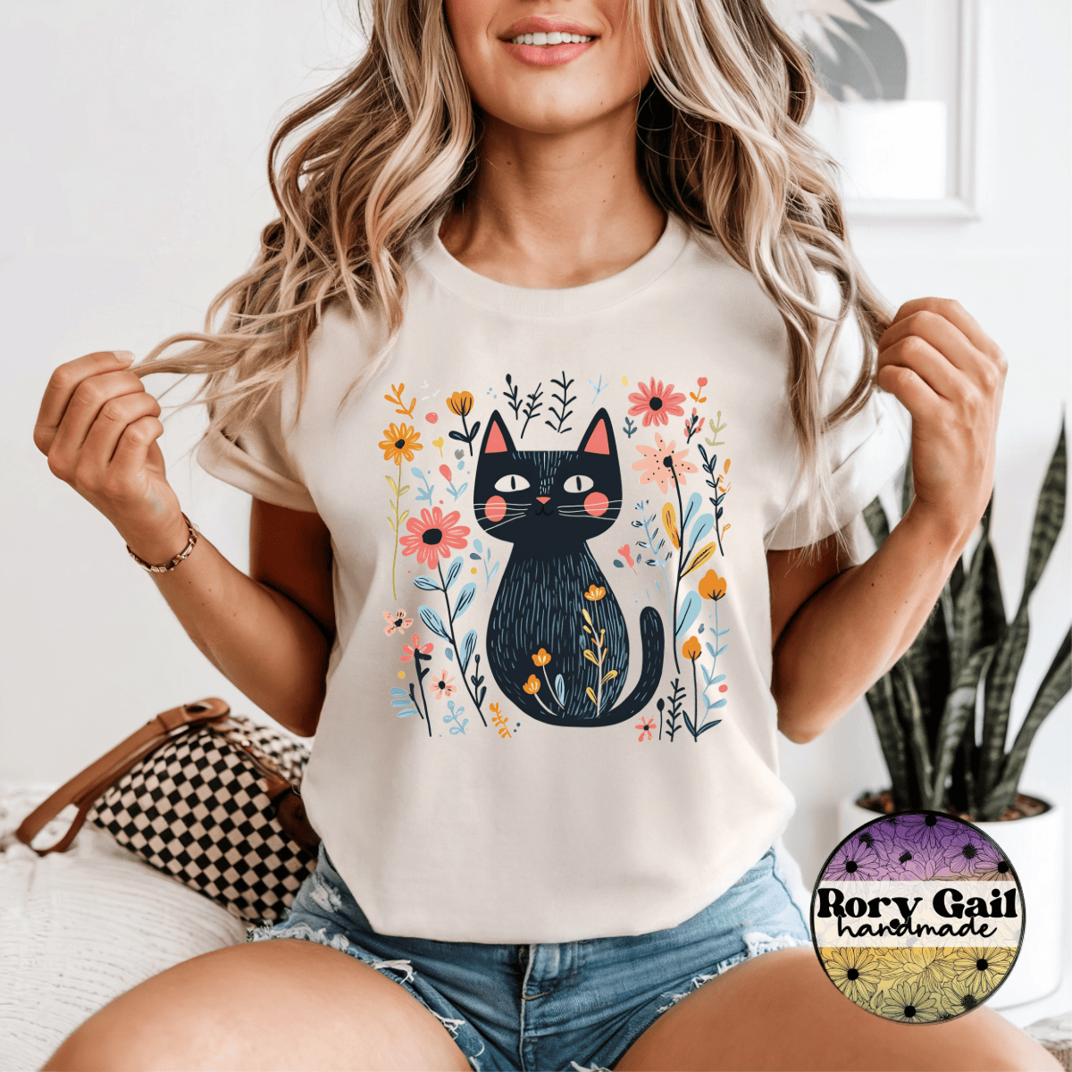 Rory Gail Handmade T-Shirt Whimsy Black Cat Floral