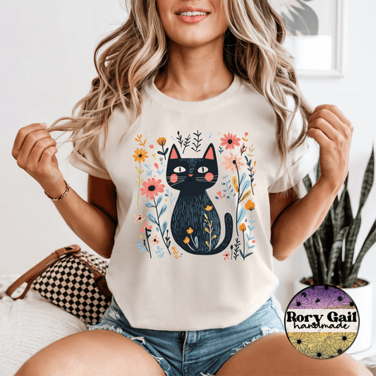 Rory Gail Handmade T-Shirt Whimsy Black Cat Floral