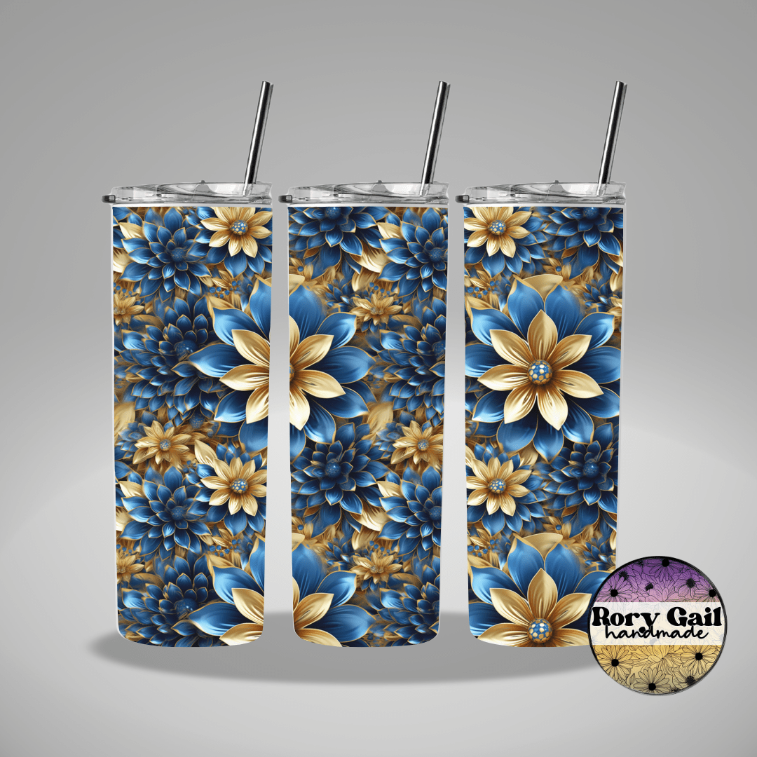 Rory Gail Handmade Tumblers 3D Blue and Gold Flowers 20oz Skinny Tumbler