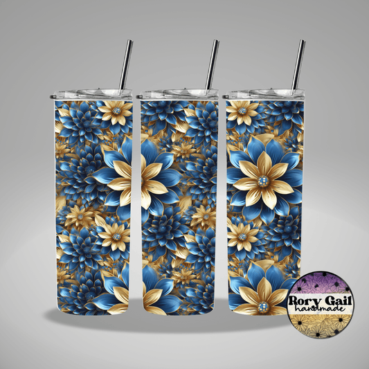 Rory Gail Handmade Tumblers 3D Blue and Gold Flowers 20oz Skinny Tumbler