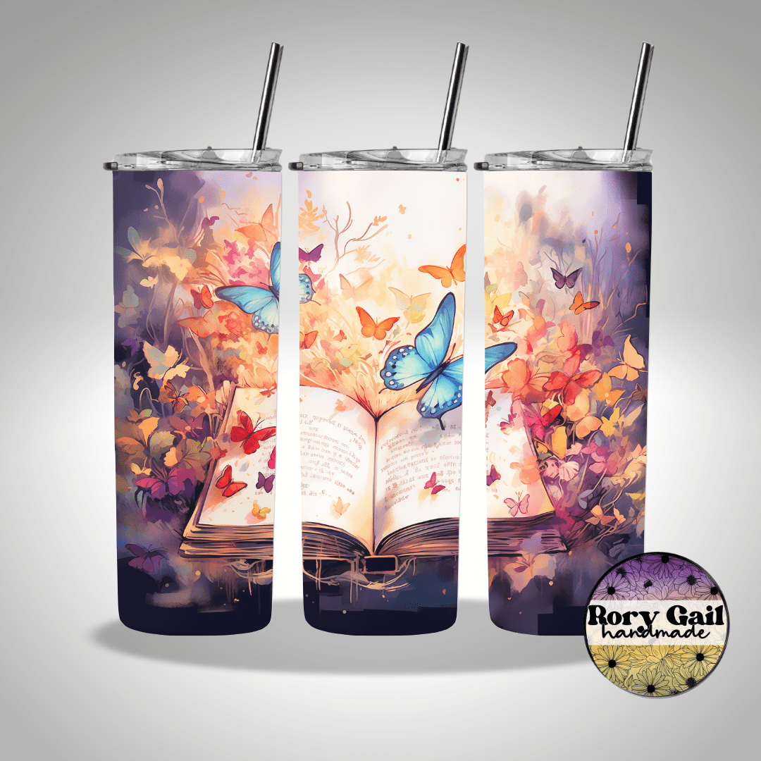 Rory Gail Handmade Tumblers 3D Book & Butterflies 20oz Skinny Tumbler