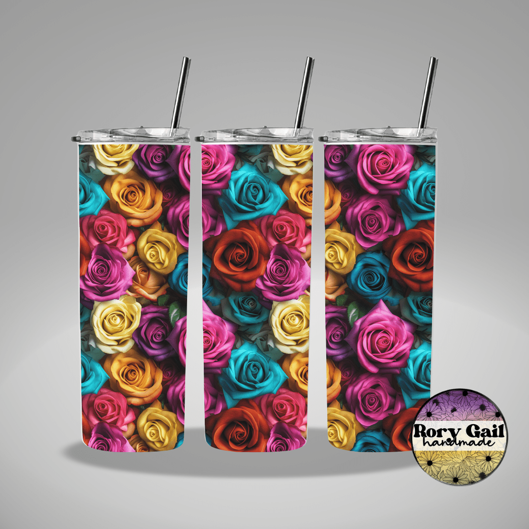 Rory Gail Handmade Tumblers 3D Colorful Roses 20oz Skinny Tumbler
