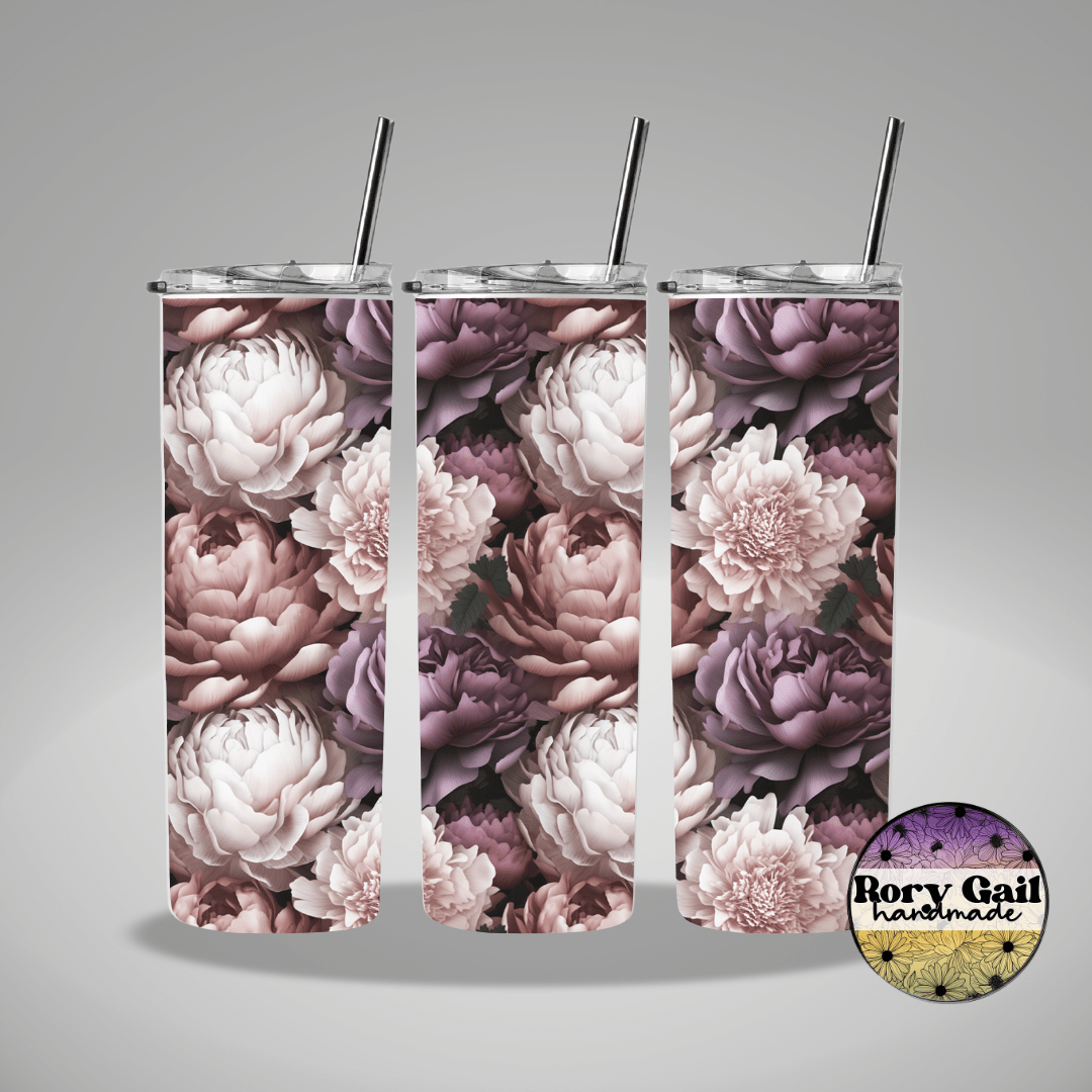 Rory Gail Handmade Tumblers 3D Dusty Pink and Purple Peonies 20oz Skinny Tumbler