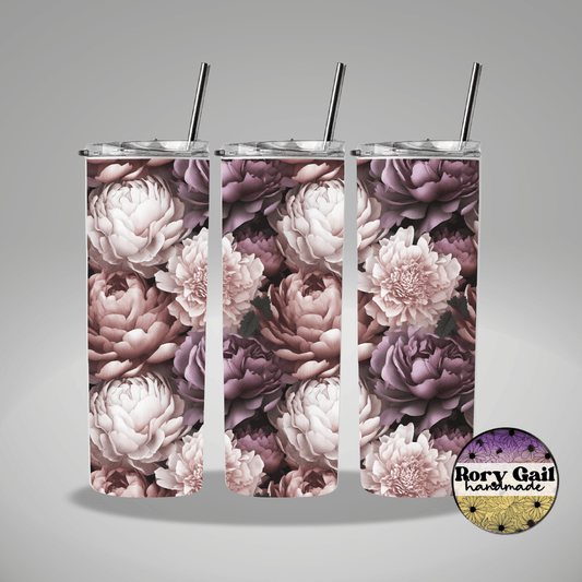 Rory Gail Handmade Tumblers 3D Dusty Pink and Purple Peonies 20oz Skinny Tumbler