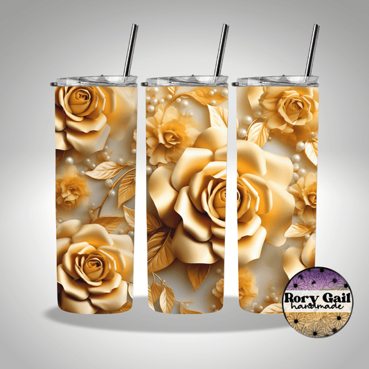 Rory Gail Handmade Tumblers 3D Gold Roses & Pearls 20oz Skinny Tumbler
