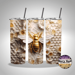 Rory Gail Handmade Tumblers 3D Golden Bee Floral 20oz Skinny Tumbler