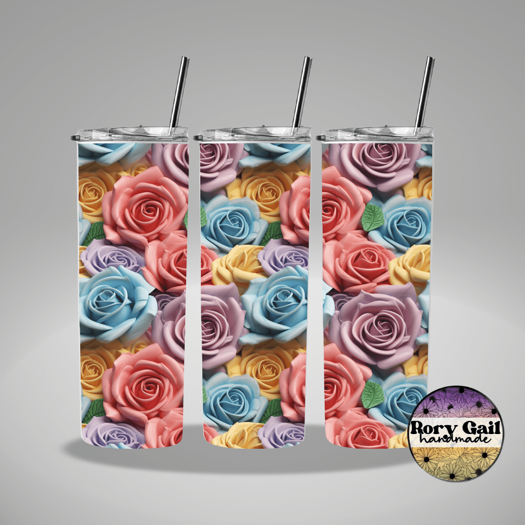 Rory Gail Handmade Tumblers 3D Pastel Roses 20oz Skinny Tumbler