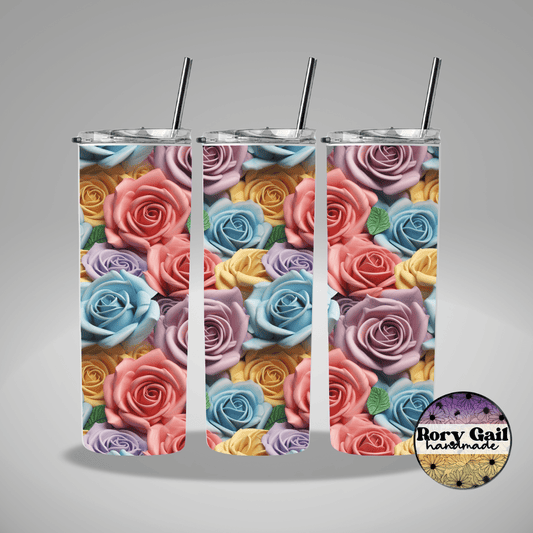 Rory Gail Handmade Tumblers 3D Pastel Roses 20oz Skinny Tumbler