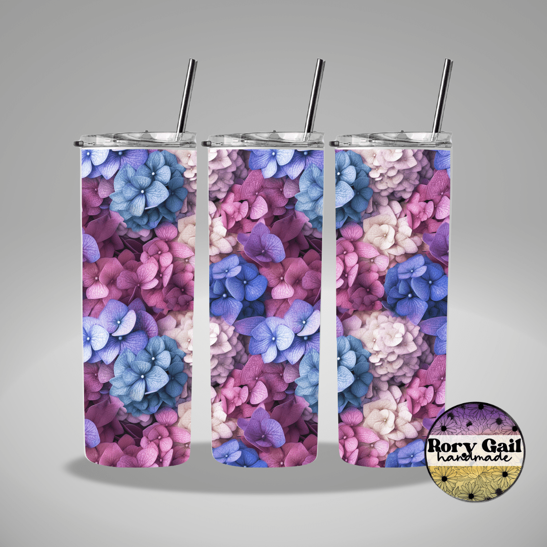 Rory Gail Handmade Tumblers 3D Pink and Purple Hydrangeas 20oz Skinny Tumbler