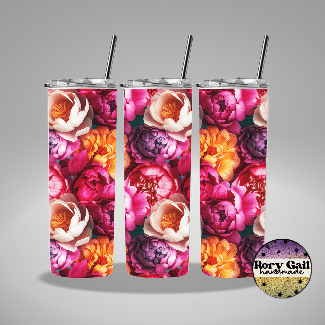 Rory Gail Handmade Tumblers 3D Pink and Purple Peonies 20oz Skinny Tumbler