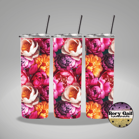 Rory Gail Handmade Tumblers 3D Pink and Purple Peonies 20oz Skinny Tumbler