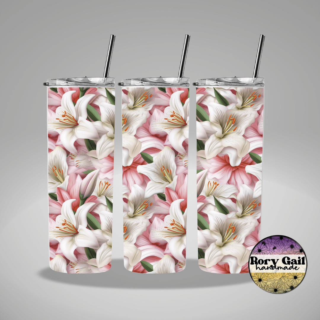 Rory Gail Handmade Tumblers 3D Pink Lilies 20oz Skinny Tumbler