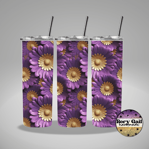 Rory Gail Handmade Tumblers 3D Purple and Gold Flowers 20oz Skinny Tumbler