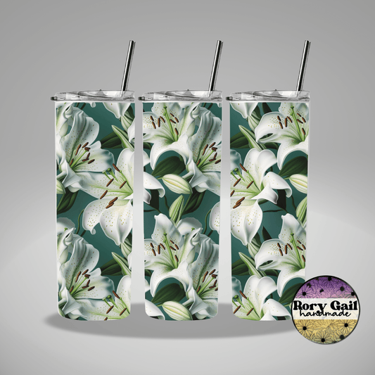 Rory Gail Handmade Tumblers 3D White Lilies 20oz Skinny Tumbler
