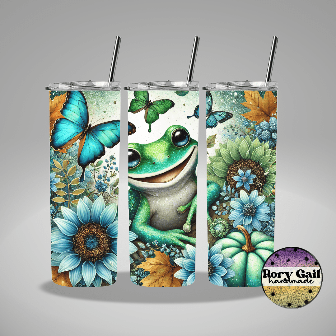 Rory Gail Handmade Tumblers Blue Floral Frog 20oz Tumbler