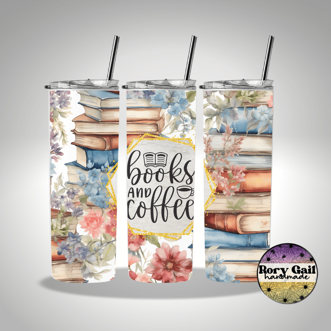 Rory Gail Handmade Tumblers Books and Coffee 20oz Skinny Tumbler