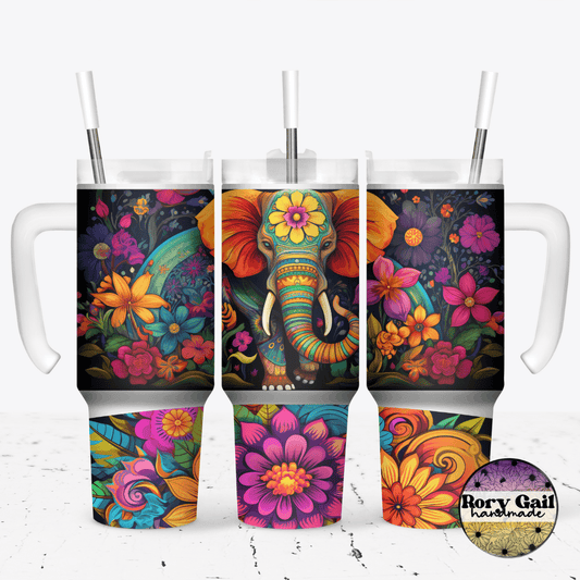 Rory Gail Handmade Tumblers Bright Floral Elephant 30oz Grippy Tumbler