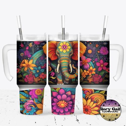 Rory Gail Handmade Tumblers Bright Floral Elephant 30oz Grippy Tumbler