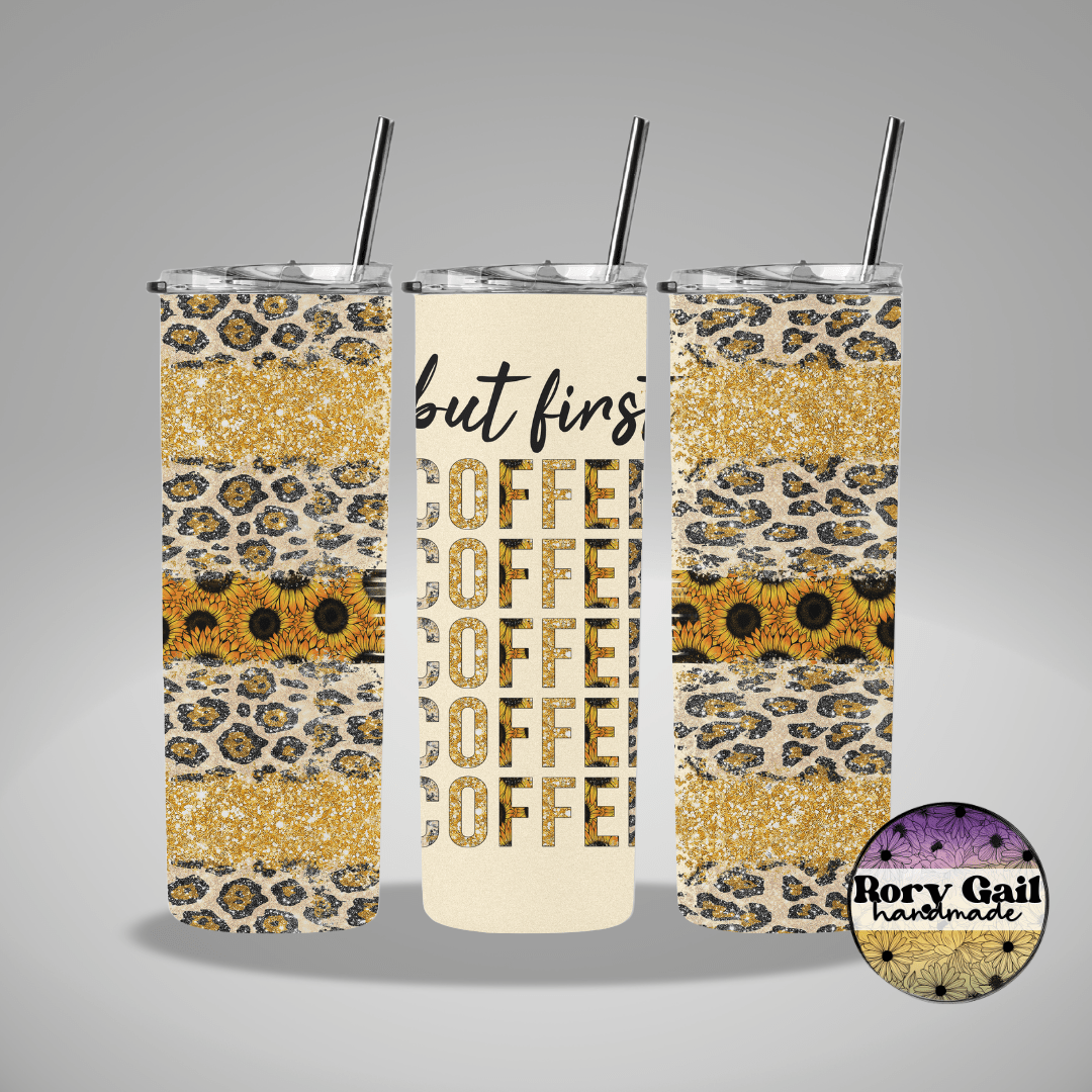 Rory Gail Handmade Tumblers But First Coffee Sunflower and Leopard Stripes 20oz Tumbler