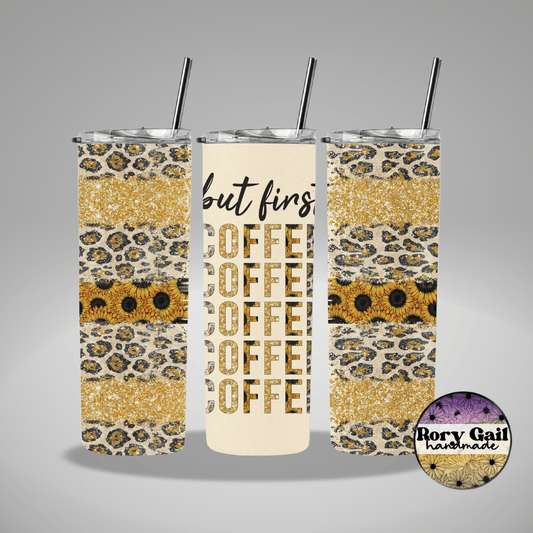 Rory Gail Handmade Tumblers But First Coffee Sunflower and Leopard Stripes 20oz Tumbler