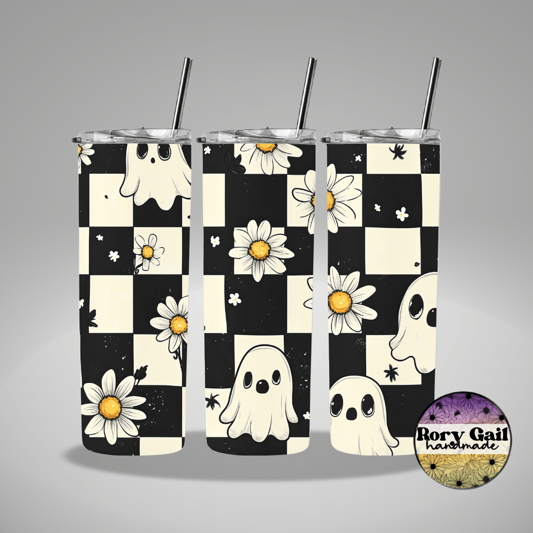 Rory Gail Handmade Tumblers Checkered Ghost and Daisies 20oz Tumbler