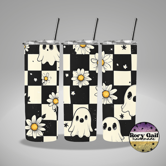 Rory Gail Handmade Tumblers Checkered Ghost and Daisies 20oz Tumbler