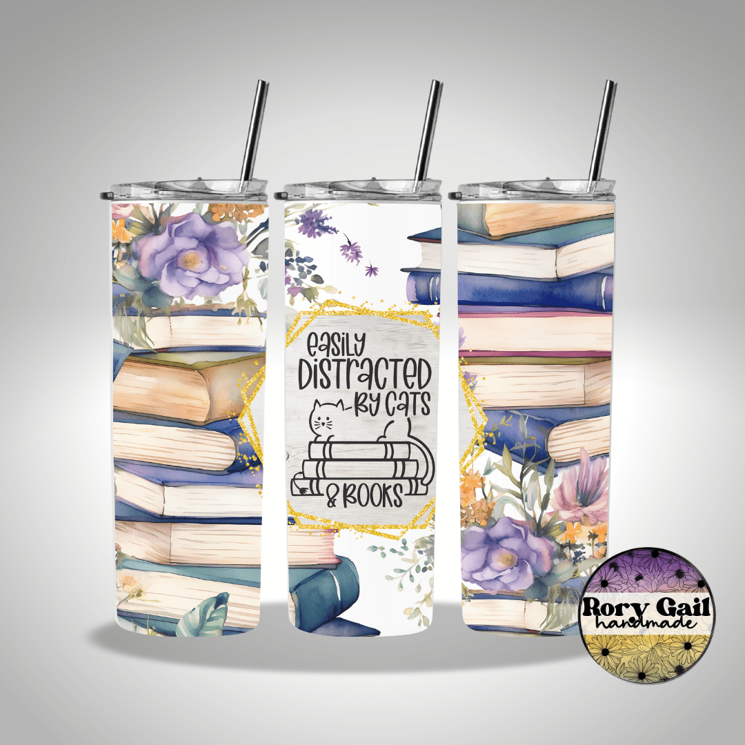 Rory Gail Handmade Tumblers Easily Distracted by Cats & Books 20oz Skinny Tumbler