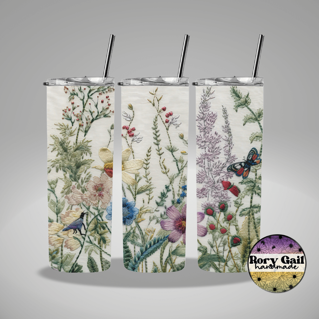 Rory Gail Handmade Tumblers Faux Embroidery Floral 20oz Tumbler
